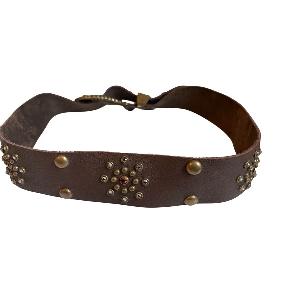 Vintage LEATHERROCK USA Brown Leather Western Rhinestone Belt Boho 41